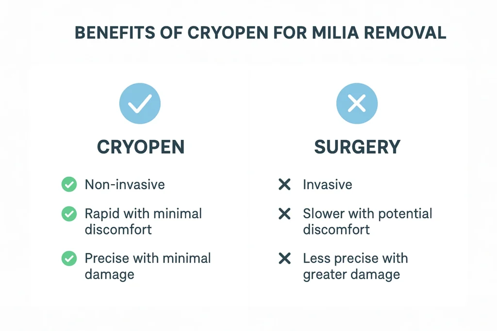 Benefits of cryopen for milia removal Chadwell Heath compared to surgical treatments.