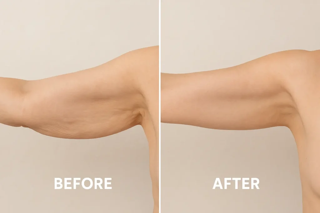 Picture of LA LIPO Chadwell Heath before and after results of skin tightening treatment on the upper arms.