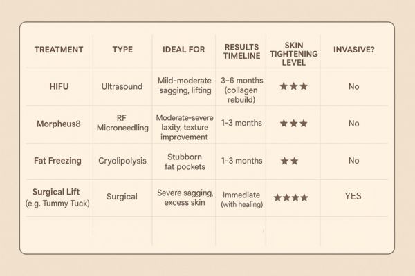Table showing the comparisons of Skin tightening Chadwell Heath treatment options.